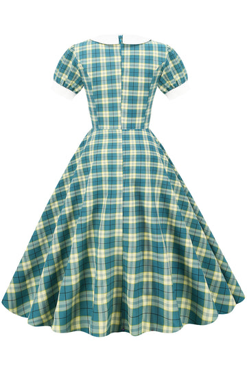 Jewel Neck Green Grid 1950s Dress with Short Sleeves